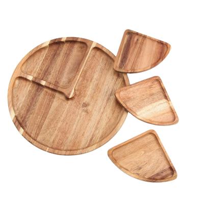 China Eco-friendly Creative Multifunctional Wooden Multi Tray Separable Round Tray Wooden Grid Tray for sale