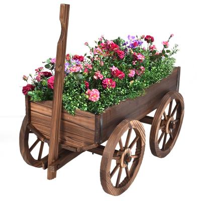 China Wholesale Pastoral Four Wheel Garden Pot Flower Wooden Car Stand for sale