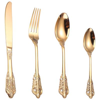 China Sustainable Pretty Emboss Royal Appearance Luxury Stainless Steel 304 Gold Flatware Cutlery Set for sale