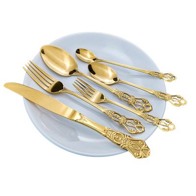 China Sustainable Stylish Gold 304 Retro Flatware Sets Stainless Steel Silverware Luxury PVD Cutlery Sets For Hotel for sale