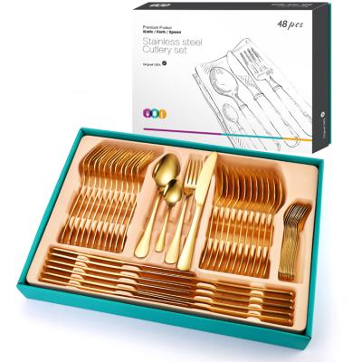 China Sustainable Luxury Gold 48pcs Cutlery Set High Mirror Polish Stainless Steel Flatware Set With Gift Box for sale