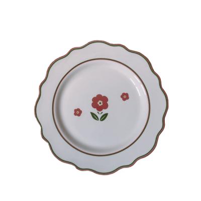 China Stocked 8 Inch Wave Porcelain Ceramic Round Edge Dishes White Dishes With Flower For Wedding for sale