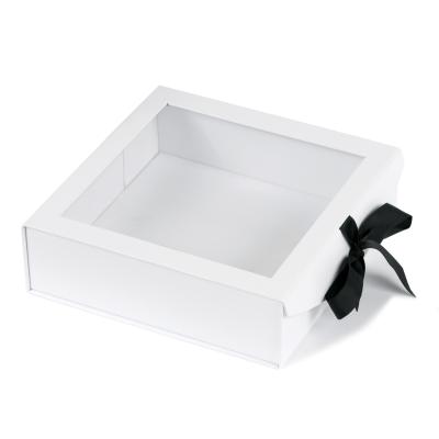 China Gift & Luxury Simple Craft White Gift Box Packaging , Ribbon Closure Magnetic Folding Box With Clear Window for sale