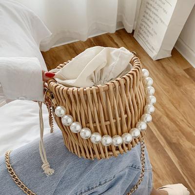 China Fashion Round Woven Straw Bags For Women Summer Beach Handmade Travel Handbag Travel Handbag Bohemia Rattan Pearl Chain Female Cross - Body Bag for sale