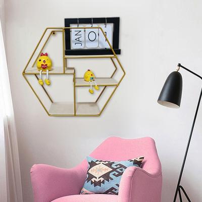 China (Size) Nordic Adjustable Iron Gold Wall Shelf Polygon Creative Floating Beams Metal Wall Mounted Shelf for sale