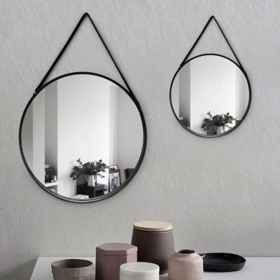 China Wholesale Home Decor Modern Round Black Frame Wall Mirror Round Decorative Wall Mirror With Leather Strap for sale