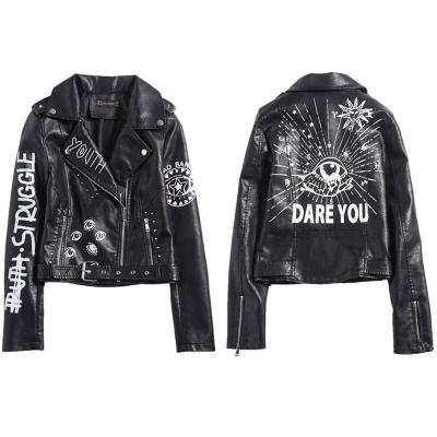 China 2021 Breathable Hip Hop Graffiti Autumn Short Zipper Eye Dare You Faux Leather Women's Jackets for sale