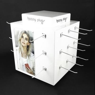 China Manufacturer 4 Sides Wooden Counter MDF Displays With 30 Pieces Metal Hooks 350*350*420mm for sale