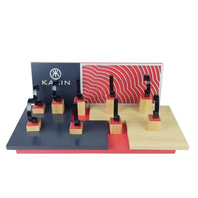 China Watch Jewelry Customize Black&Red Assemble Luxury Acrylic Tray Wooden Watch Display Rack Stand Counter for sale