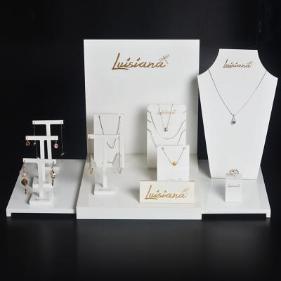 China Wholesale Jewelry Display Assembled White Acrylic Jewelry Counter Display Stand Set For Shop for sale