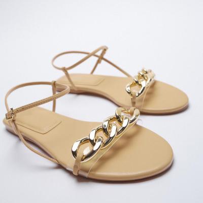 China New Arrivals Summer New Arrivals Pearl Chain Women Rome Toe Sandals Fashion Metal Transparent Shoes One Word Wholesale Open Flat Band for sale