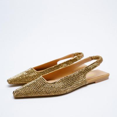 Κίνα Fashion Trend Metal Rhinestone Design Flat New Shiny Square Head Shoes Office Formal Grace Swap Heets Yellow Sandals For Women And Ladies προς πώληση