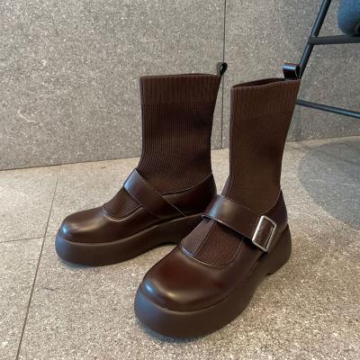 中国 Long and tube-shaped new style winter autumn boot socks round wome around the main ladies boots belt buckle thick bottom for women shoes 販売のため