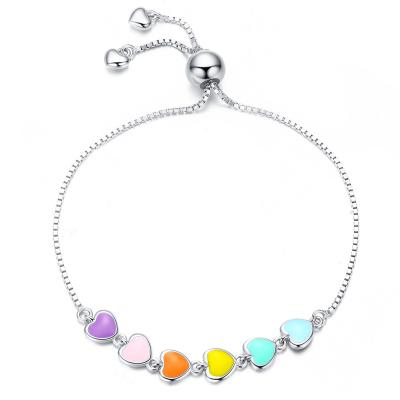 China Wholesale Fashion Jewelry TRENDY Rainbow Color Enamel Heart Bracelet For Girl Sterling Silver Chain Bracelet For Women Heart-shape 925 for sale