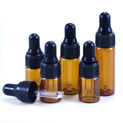 China Personal Care 1ml 2ml 3ml 5ml Amber Glass Dropper Bottles For Essential Oil Packaging for sale