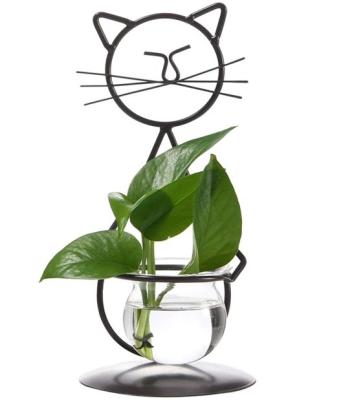 China Minimalist Glass Planter Vase Holder, Cat Plant Terrarium Metal Stand Creative for Hydroponics Plants Garden Wedding Outdoor Decoration for sale