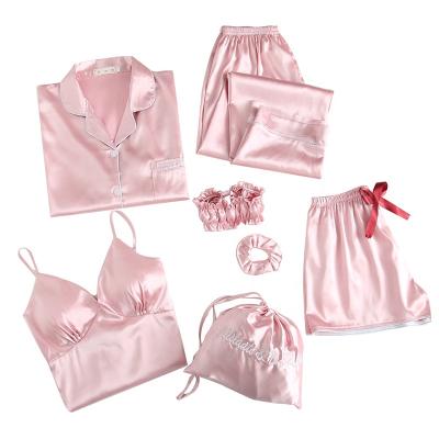 China QUICK DRY women's pajamas set home clothes sleepwear for woman pajamas set 7 pieces silk M-XL 4 colors for sale