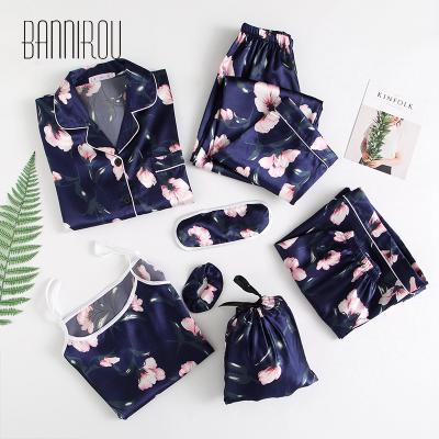 China 7 Piece Women's QUICK DRY Silk Pajamas Printing Female Sleepwear For Woman M-XL High Quality for sale