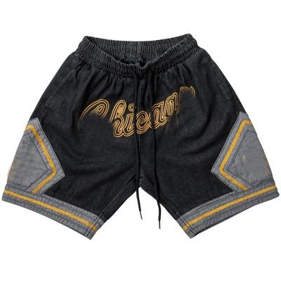 China Custom logo hip hop streetwear jeans shorts embroidery denim breathable fashion teams basketball shorts for sale