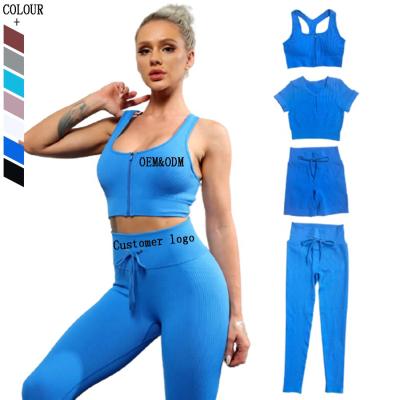 China Antibacterial Women's Fitness Clothing Sport Set Knitted Zipper Bra Shorts Yoga Sets For Women Gym 5-Piece Yoga Set for sale