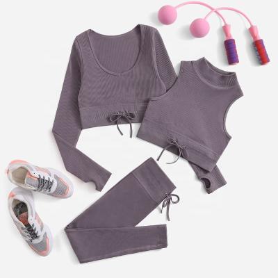 China New Popular Antibacterial Autumn Winter Fitness Wear Women Running Vest Set Long Sleeve 3 Piece Yoga Pant Sets for sale