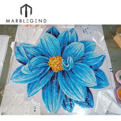 China Home Design Swimming Pool Blue and White Flower Exotic Glass Mosaic Flooring For Sale for sale