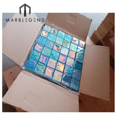 China Parquet Iridescent Color Blue Glass Mosaic For Swimming Pool Mosaic for sale