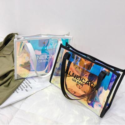 China Neon Clear PVC Bag Shopping Jelly Holographic Tote Bag Handled Laser Handle Custom Shoulder Bag for sale