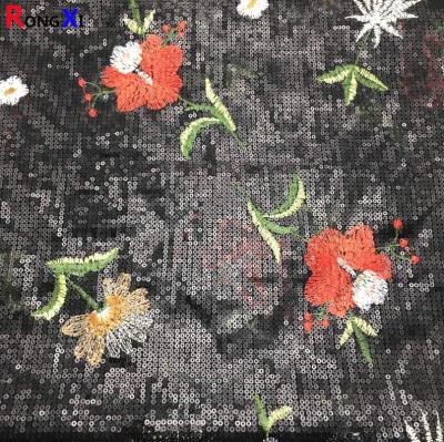 中国 RXF0482 New Design Black Sequin Lace Fabric With Great Price Polyester Lace Embroidery Fabric Bedding Cotton Fabric 販売のため