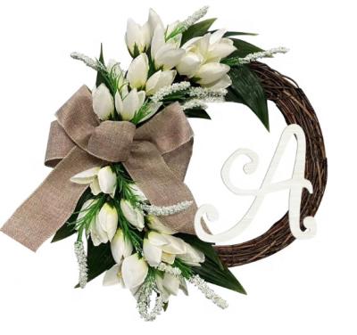 China 26 Letters Wreath Luxury Door Decoration Simulation Tulip Vine Ring Wall Decoration Hanging Home Window Han for sale