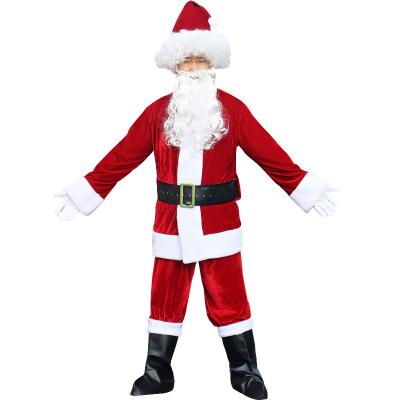 China Wholesale High Quality Adult Christmas Santa Props Clothes Set Beard Belt Hat Santa Claus Cosplay Costume Coat Pants Xmas Plush 2021 for sale