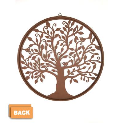 China Art Decor Hot Sell Round Rustic Metal Wall Sculpture Brown Tree of Life Wall Hanging Garden Decor for sale