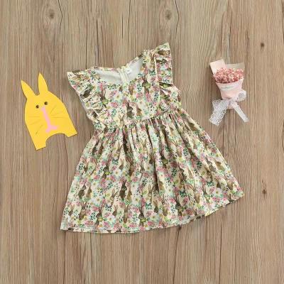 China Breathable Europe and American Hot Selling Baby Girls Dress Fashion Adorable Rocket Sleeve Cartoon Printed Zipper Pleated Dress For Kids for sale