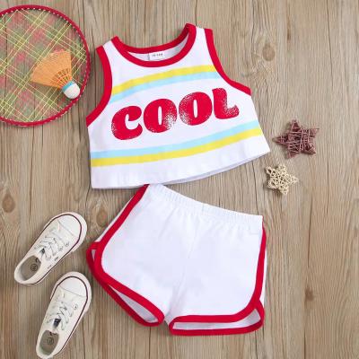 China ENGLAND STYLE Europe and American Hot Selling Debut Girls Boys Clothing Set Fashion Cartoon Letter Printed Sleeveless Vest+Shorts Pants 2 Pcs Set for sale