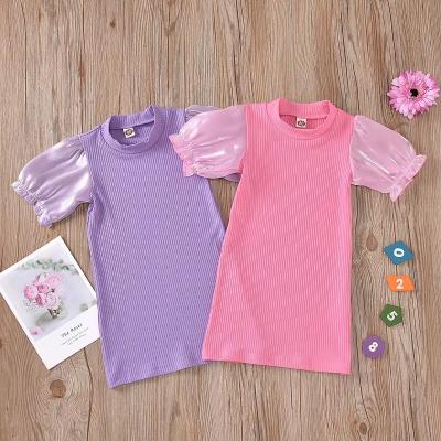 China New Fashion Girls Summer Breathable Tulle Infant Puff Short Sleeve Rib T-shirt Casual Dress for sale