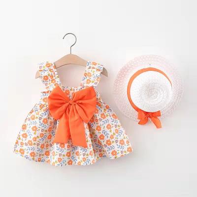 China Factory wholesale washable toddler girls summer dress fashion bow princess sleeveless floral print adorable dress with hat for sale