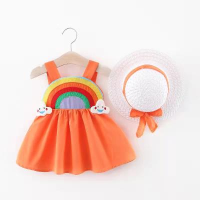 China Factory wholesale washable toddler girls summer dress fashion sleeveless adorable rainbow princess dress with hat for sale