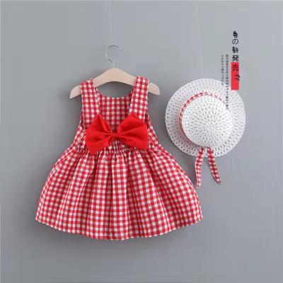 China Factory Wholesale Washable Baby Girls Summer Dress Fashion Adorable Plaid Bow Sleeveless Dress With Hat for sale