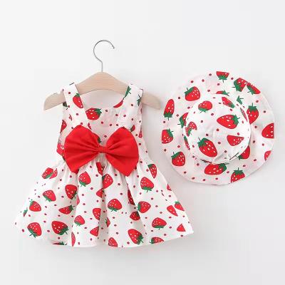 China Factory Wholesale Washable Baby Girls Summer Dress Fashion Sleeveless Strawberry Printed Adorable Bow Dress for sale