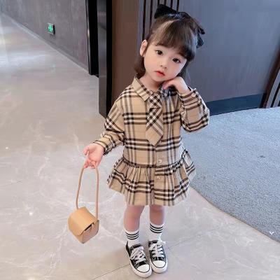 China New Breathable Fashion Baby Girls Fall Dress Boutique Long Sleeve Plaid Turn-down Collar Tie Dress For Kids for sale