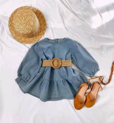 China New fashion washable baby girls fall dress boutique long sleeve o-neck denim dress princess dress with belt for sale