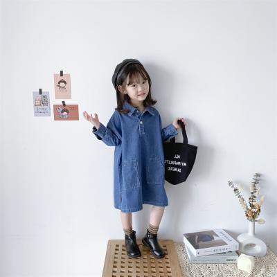 China Breathable newcomers baby girls denim dress fashion long sleeve denim dress retro turn-down collar for kids for sale