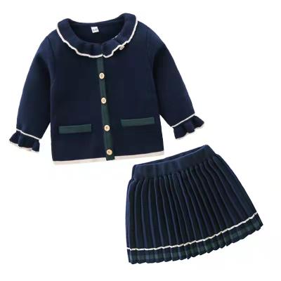 China Casual Newcomers Baby Girls Fall Clothing Set Fashion 100% Cotton Knitted Cardigan+Pleated Skirt 2 Piece Set For Kids 1-6T for sale