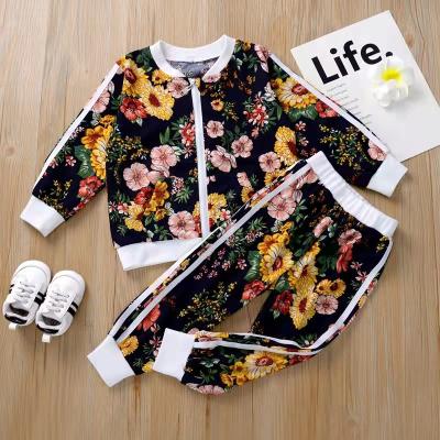 China ENGLAND STYLE new fashion debut girls spring coat + autumn clothing set boutique long sleeve zipper floral print long pants 2 piece set for sale