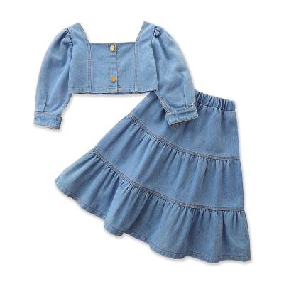 China ENGLAND STYLE New Fashion Baby Girls Clothing Set Boutique Long Sleeve Denim Top + Skirt 2pcs Set For Kids 1-6T for sale