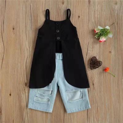 China ENGLAND STYLE Europe and American hot sale debut 2pcs girls clothing set fashion U-collar top size + high sleeveless ripped denim pants set for sale