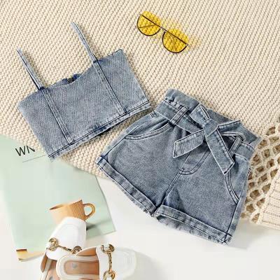 China ENGLAND STYLE New Fashion Baby Girls Clothes 2pcs Set Boutique Sleeveless Zipper Top + Short Denim Pants Set With Belt For 1-6T Kids for sale