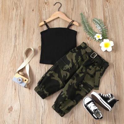 China Factory wholesale ENGLAND STYLE Europe and American hot sale toddler girls solid sleeveless top + camouflage long pants 2pcs set for kids for sale