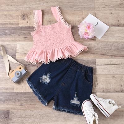 China ENGLAND STYLE Europe and American Hot Selling Debut Girls Solid Ruffle Vest + Ripped Denim Short Pants 2 Piece Set for Kids 1-6T for sale