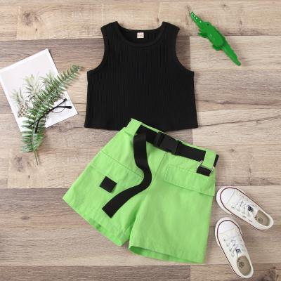 China ENGLAND STYLE 2021 New Fashion Girls Summer 2Pcs Solid Top And Waistcoat Cargo Shorts 2 Pcs Kids Clothing Sets for sale